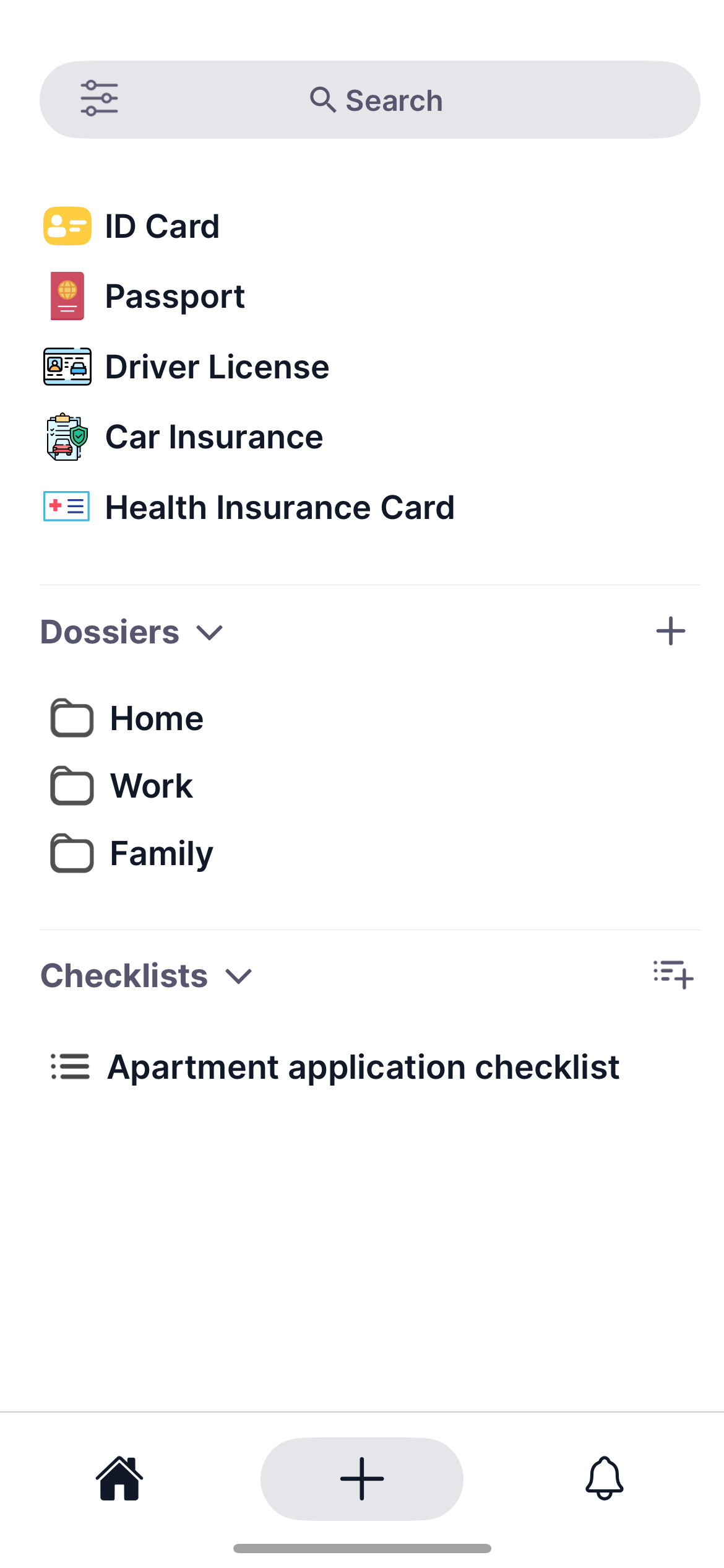 Dokudok app showing organized document categories